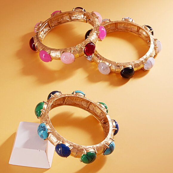 Byzantine Inspired Stone Gold Dipped Stretch Cuff Bangle Bracelets SET of 2 - Picture 1 of 11